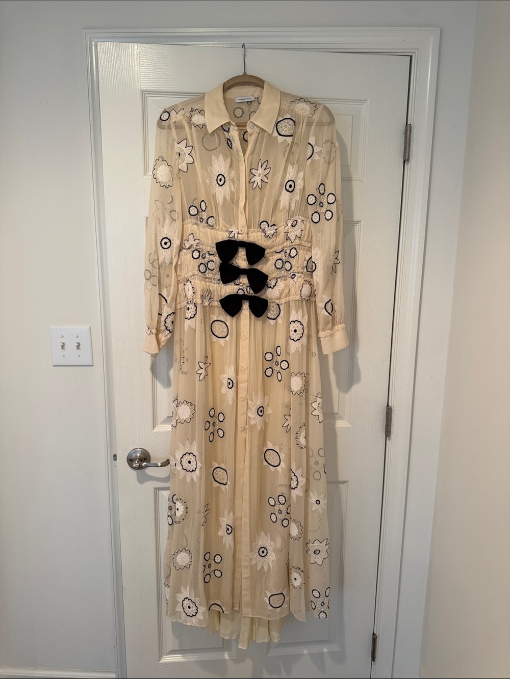 Rebecca Taylor Cream Maxi Dress with Black Floral Embroidery and Bows - Picture 3 of 7
